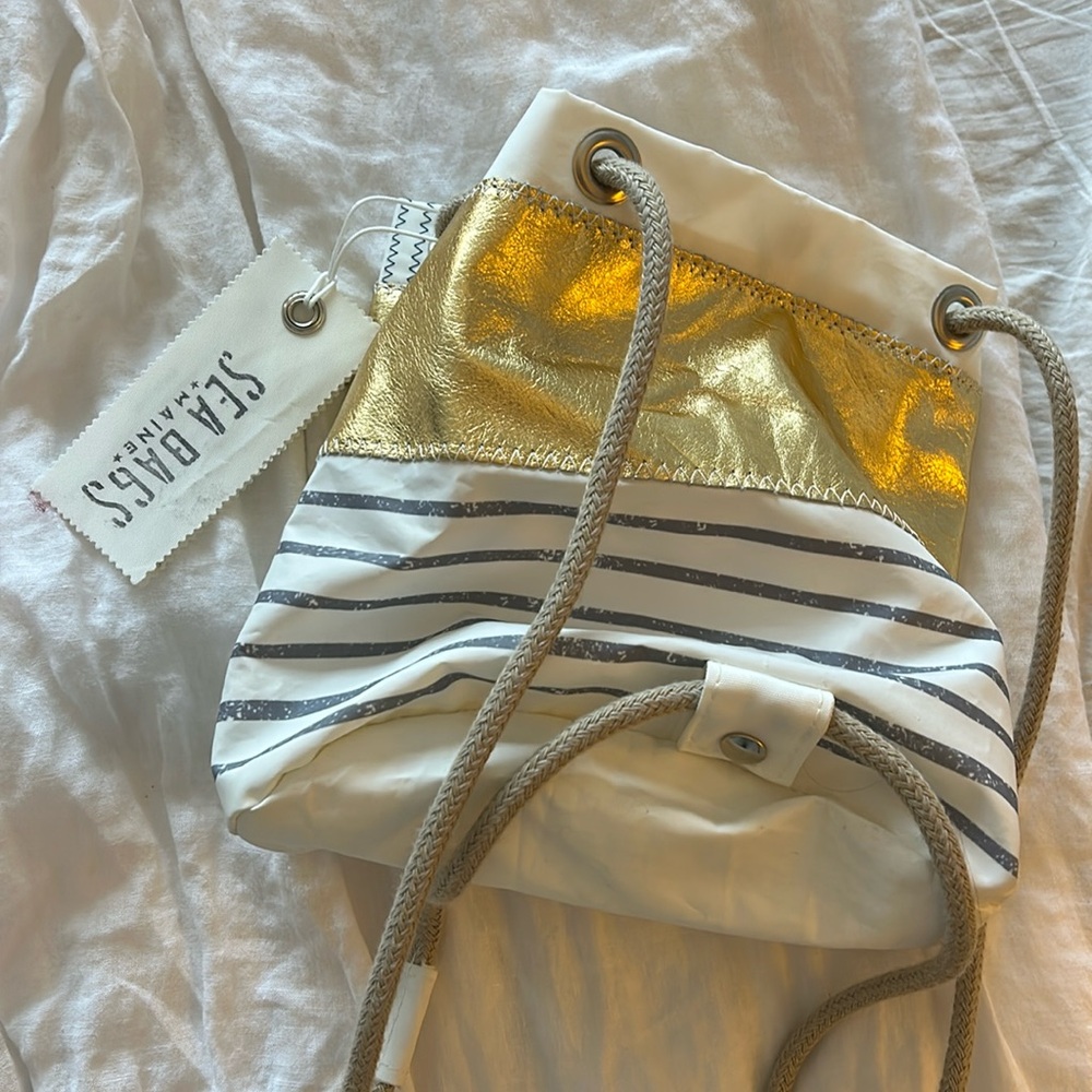 NWT Sea Bags Grey Mariner Stripe Medium Tote with Gold